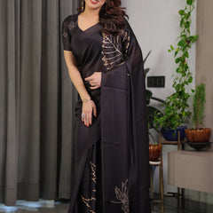 Black Satin Georgette Saree with Gold Leaf Outline Print & Designer Attached Blouse – Elegant Minimal Botanical Saree