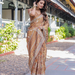 Royal Brown Procession Print Handloom Cotton Saree with Illustrated Pallu & Blouse