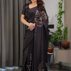 Black Satin Georgette Saree with Gold Leaf Outline Print & Designer Attached Blouse – Elegant Minimal Botanical Saree