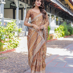 Royal Brown Procession Print Handloom Cotton Saree with Illustrated Pallu & Blouse