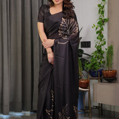 Black Satin Georgette Saree with Gold Leaf Outline Print & Designer Attached Blouse – Elegant Minimal Botanical Saree