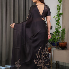 Black Satin Georgette Saree with Gold Leaf Outline Print & Designer Attached Blouse – Elegant Minimal Botanical Saree