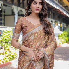 Royal Brown Procession Print Handloom Cotton Saree with Illustrated Pallu & Blouse
