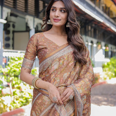 Royal Brown Procession Print Handloom Cotton Saree with Illustrated Pallu & Blouse