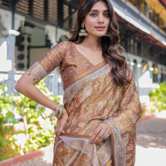 Royal Brown Procession Print Handloom Cotton Saree with Illustrated Pallu & Blouse