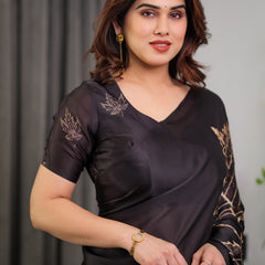 Black Satin Georgette Saree with Gold Leaf Outline Print & Designer Attached Blouse – Elegant Minimal Botanical Saree
