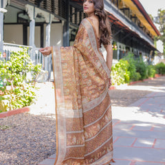 Royal Brown Procession Print Handloom Cotton Saree with Illustrated Pallu & Blouse
