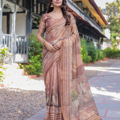 Divine Brown Handloom Cotton Saree with Radha Krishna & Cow Motif – Ethnic Village Charm