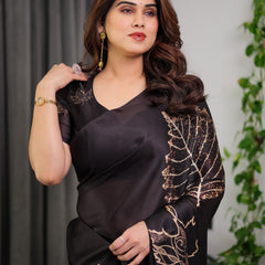Black Satin Georgette Saree with Gold Leaf Outline Print & Designer Attached Blouse – Elegant Minimal Botanical Saree