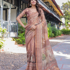 Divine Brown Handloom Cotton Saree with Radha Krishna & Cow Motif – Ethnic Village Charm