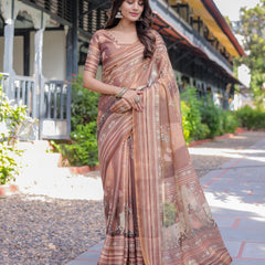 Divine Brown Handloom Cotton Saree with Radha Krishna & Cow Motif – Ethnic Village Charm