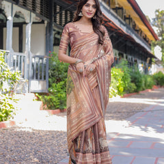 Divine Brown Handloom Cotton Saree with Radha Krishna & Cow Motif – Ethnic Village Charm