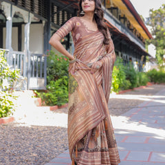 Divine Brown Handloom Cotton Saree with Radha Krishna & Cow Motif – Ethnic Village Charm