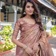 Divine Brown Handloom Cotton Saree with Radha Krishna & Cow Motif – Ethnic Village Charm