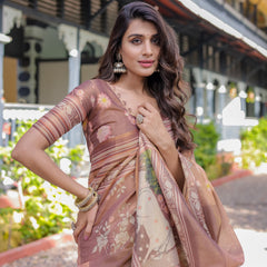 Divine Brown Handloom Cotton Saree with Radha Krishna & Cow Motif – Ethnic Village Charm