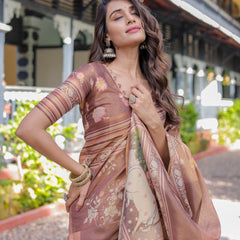Divine Brown Handloom Cotton Saree with Radha Krishna & Cow Motif – Ethnic Village Charm