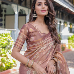 Divine Brown Handloom Cotton Saree with Radha Krishna & Cow Motif – Ethnic Village Charm