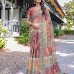 Rust Maroon Handloom Cotton Saree with Folk Procession Pallu & Floral Vine Print