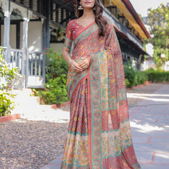 Rust Maroon Handloom Cotton Saree with Folk Procession Pallu & Floral Vine Print