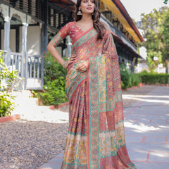 Rust Maroon Handloom Cotton Saree with Folk Procession Pallu & Floral Vine Print