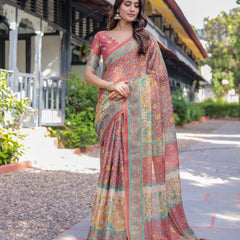 Rust Maroon Handloom Cotton Saree with Folk Procession Pallu & Floral Vine Print