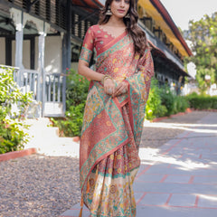 Rust Maroon Handloom Cotton Saree with Folk Procession Pallu & Floral Vine Print