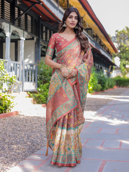 Rust Maroon Handloom Cotton Saree with Folk Procession Pallu & Floral Vine Print