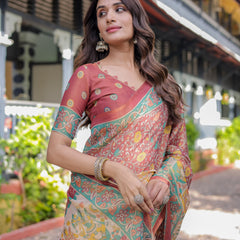 Rust Maroon Handloom Cotton Saree with Folk Procession Pallu & Floral Vine Print