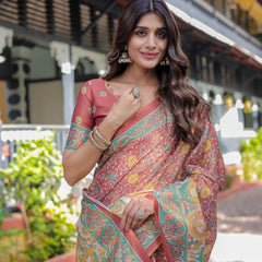 Rust Maroon Handloom Cotton Saree with Folk Procession Pallu & Floral Vine Print