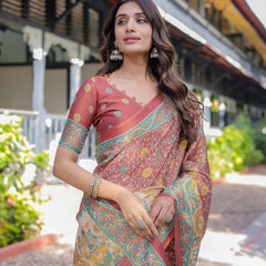 Rust Maroon Handloom Cotton Saree with Folk Procession Pallu & Floral Vine Print