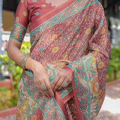 Rust Maroon Handloom Cotton Saree with Folk Procession Pallu & Floral Vine Print