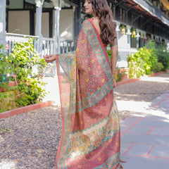 Rust Maroon Handloom Cotton Saree with Folk Procession Pallu & Floral Vine Print