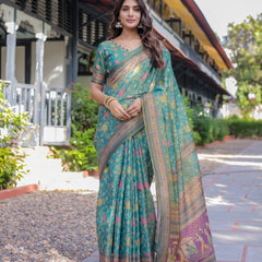 Sea Green Handloom Cotton Saree with Multicolor Floral & Royal Procession Pallu
