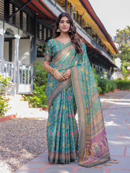 Sea Green Handloom Cotton Saree with Multicolor Floral & Royal Procession Pallu