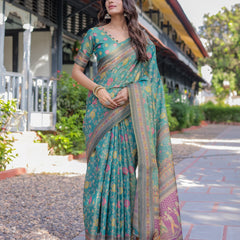 Sea Green Handloom Cotton Saree with Multicolor Floral & Royal Procession Pallu