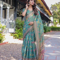 Sea Green Handloom Cotton Saree with Multicolor Floral & Royal Procession Pallu