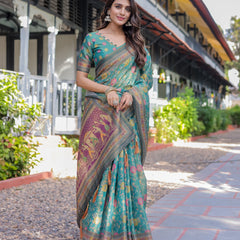 Sea Green Handloom Cotton Saree with Multicolor Floral & Royal Procession Pallu