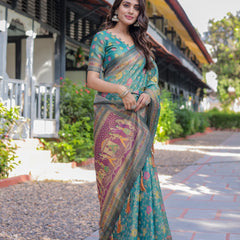 Sea Green Handloom Cotton Saree with Multicolor Floral & Royal Procession Pallu