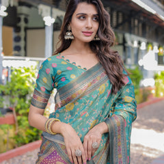 Sea Green Handloom Cotton Saree with Multicolor Floral & Royal Procession Pallu