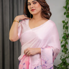 Pastel Pink Satin Georgette Floral Printed Saree with Attached Blouse – Soft Ombre Designer Saree with Purple Bloom Artwork