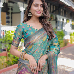 Sea Green Handloom Cotton Saree with Multicolor Floral & Royal Procession Pallu