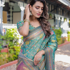 Sea Green Handloom Cotton Saree with Multicolor Floral & Royal Procession Pallu