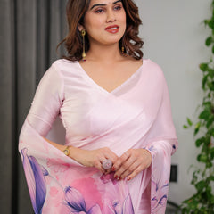Pastel Pink Satin Georgette Floral Printed Saree with Attached Blouse – Soft Ombre Designer Saree with Purple Bloom Artwork