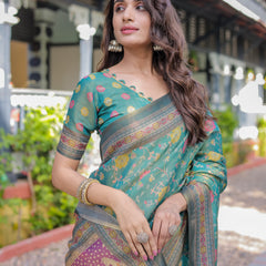 Sea Green Handloom Cotton Saree with Multicolor Floral & Royal Procession Pallu