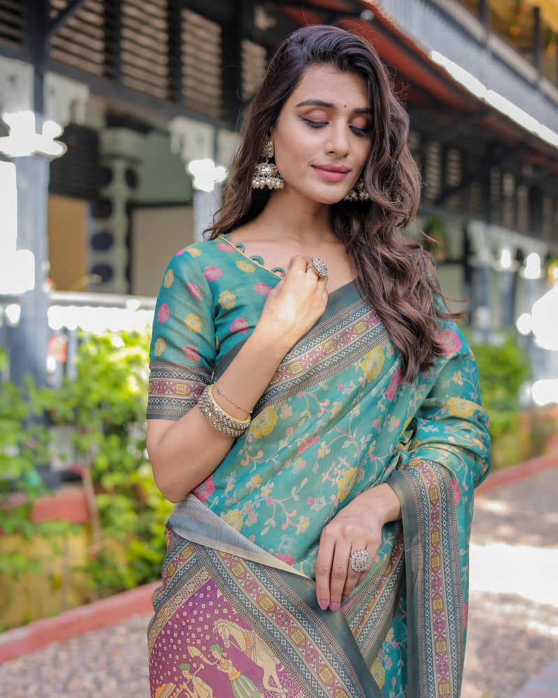 Sea Green Handloom Cotton Saree with Multicolor Floral & Royal Procession Pallu