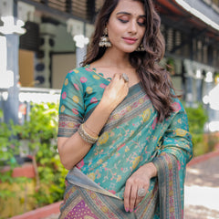 Sea Green Handloom Cotton Saree with Multicolor Floral & Royal Procession Pallu
