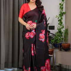 Black Satin Georgette Rose Printed Saree with Attached Blouse – Elegant Partywear Designer Saree with Red Floral Artwork