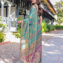 Sea Green Handloom Cotton Saree with Multicolor Floral & Royal Procession Pallu