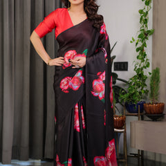 Black Satin Georgette Rose Printed Saree with Attached Blouse – Elegant Partywear Designer Saree with Red Floral Artwork