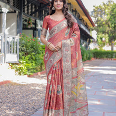 Rust Red Madhubani Fish Art Pure Handloom Cotton Saree with Contrast Blouse & Tassels